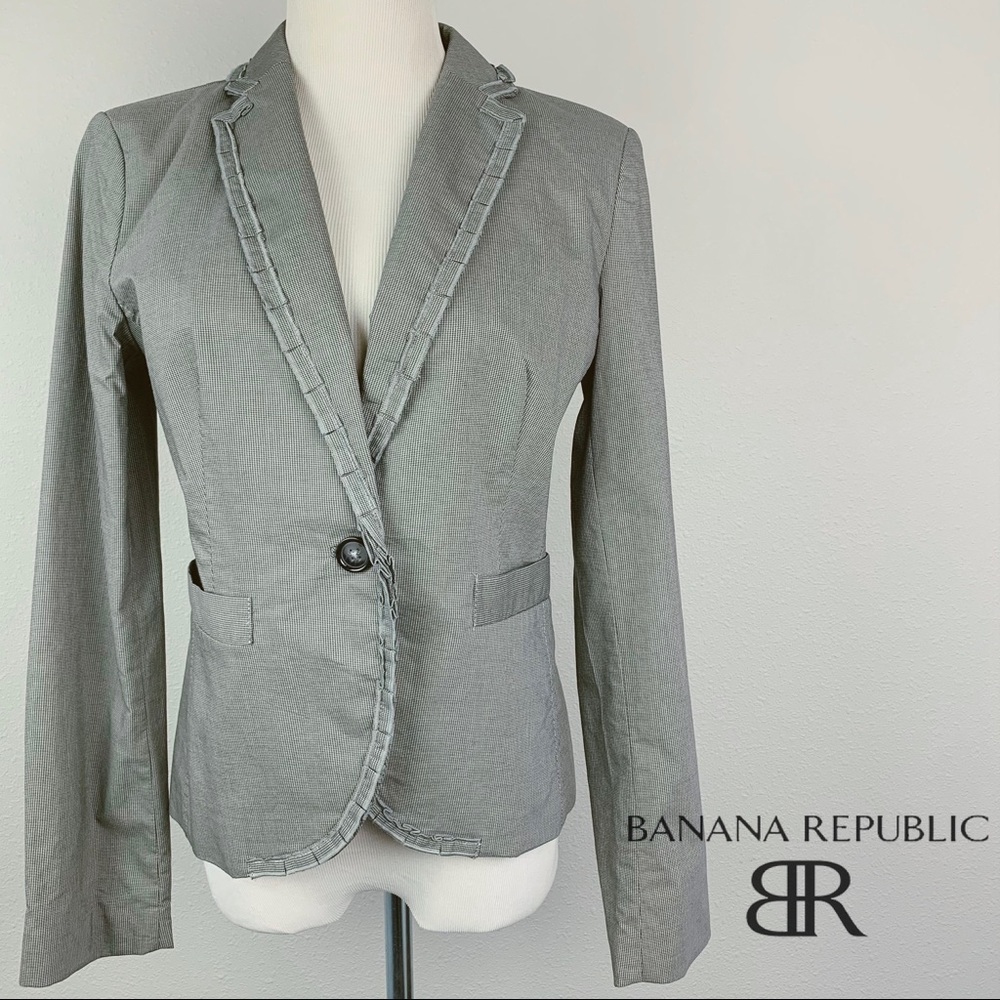 Banana Republic Gingham Pleated‎ Trim Blazer Jacket Black White 4
